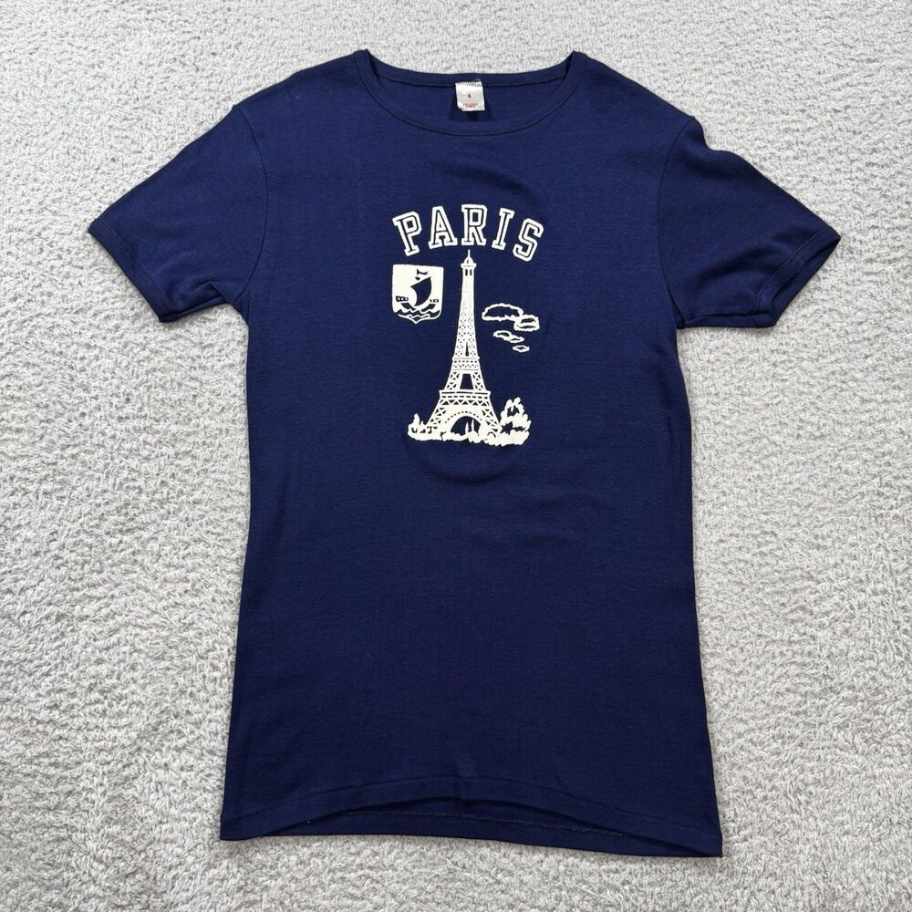 Vintage Paris France T Shirt Sz Small (4) Flock Print Felt Tourist 60s 70s